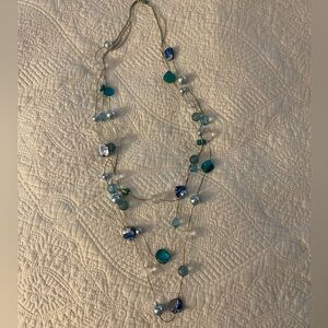 Silver & blue beaded 3 Strand Costume Necklace